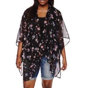 Black Floral Print Kimono Cardigan Top - Size 0X-1
